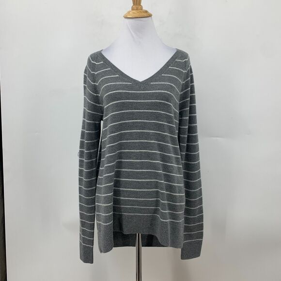 Gap Brooklyn Sweater Womens S Small Grey Merino Wool Striped Ribbed V Neck Knit - Picture 2 of 14